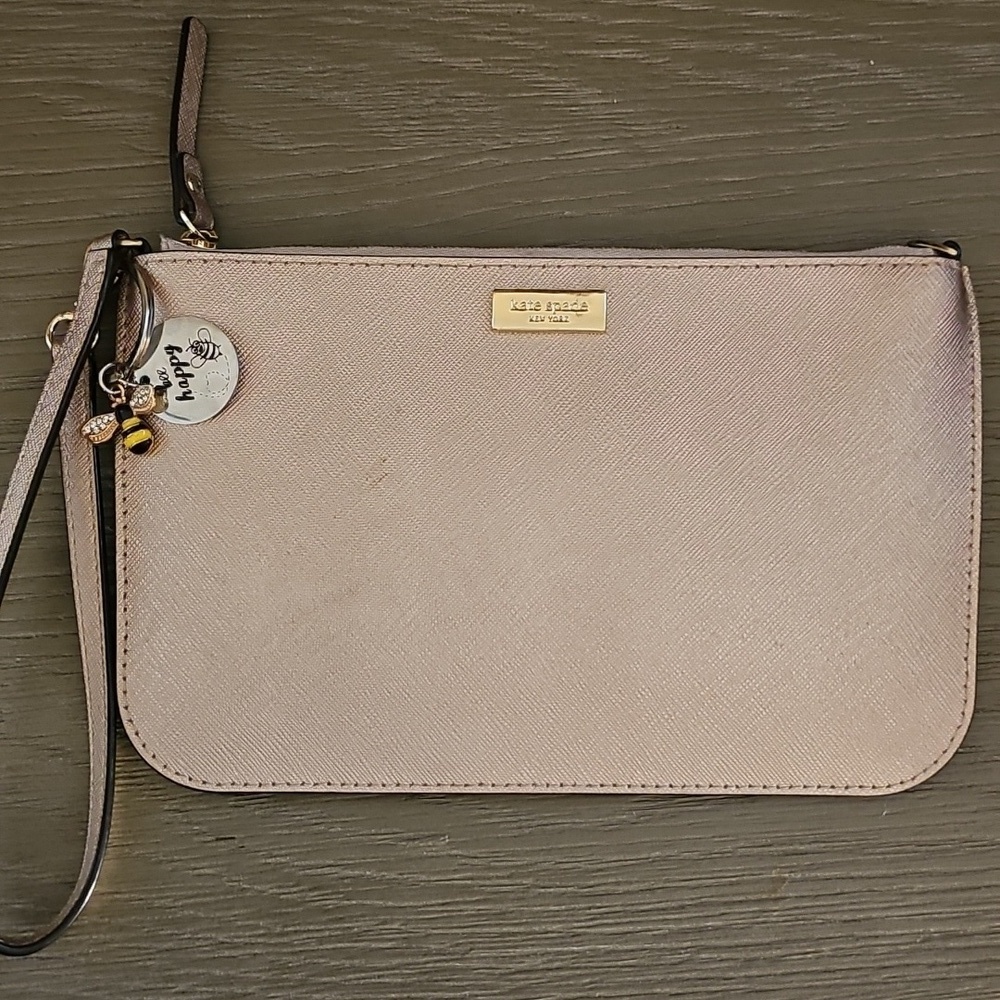 Kate Spade RoseGold Wristlet Clutch with Unbranded BEE HAPPY KEYCHAIN